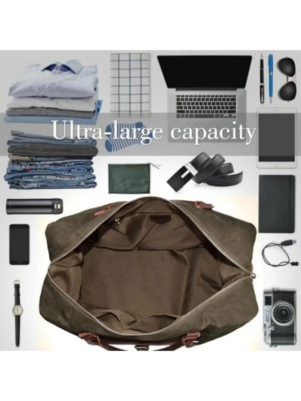 Waterproof Oversized Canvas Duffel Bag - Leather Trim Weekend Travel Tote